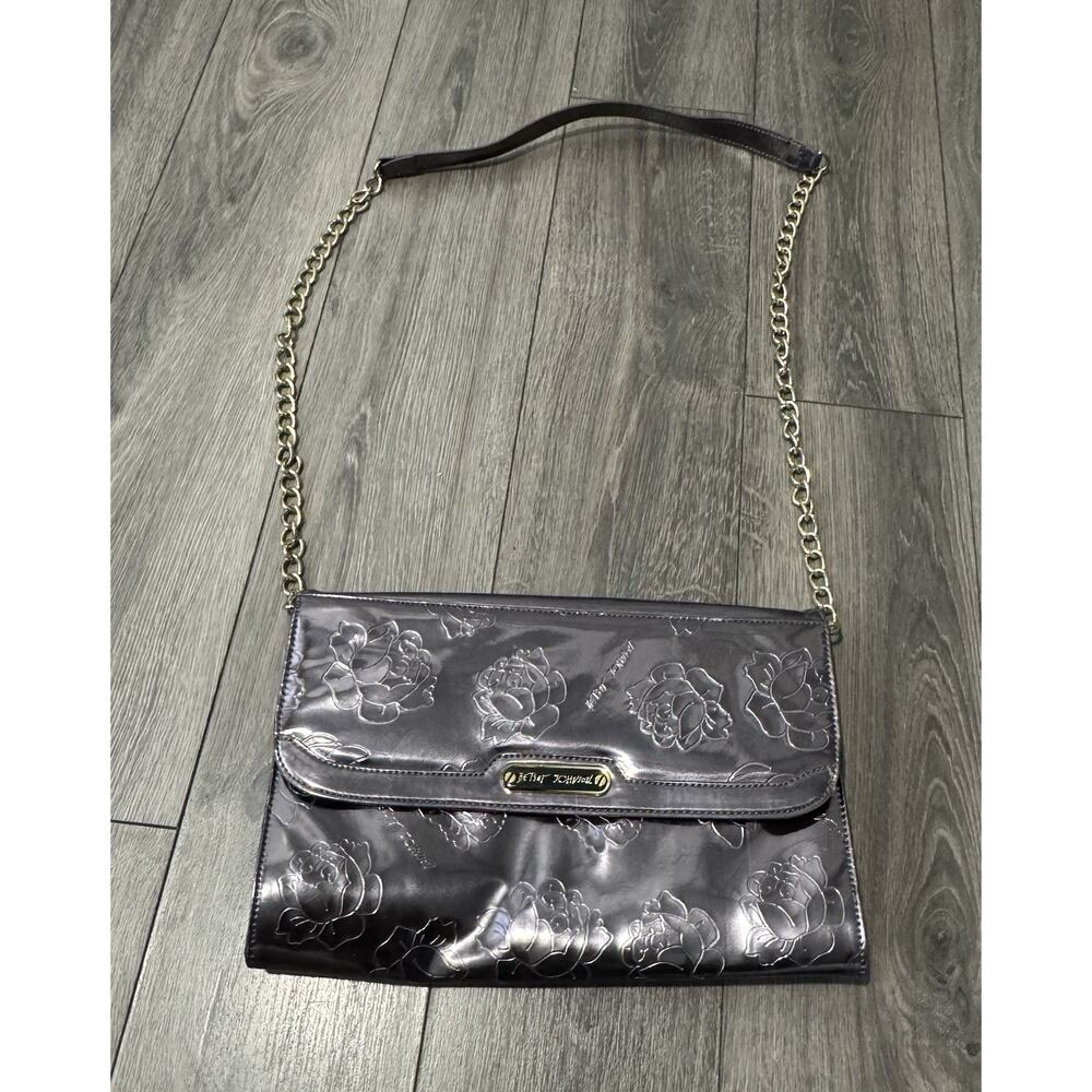 Betsey Johnson Crossbody Bag Metallic Oversized Clutch Purse Chain